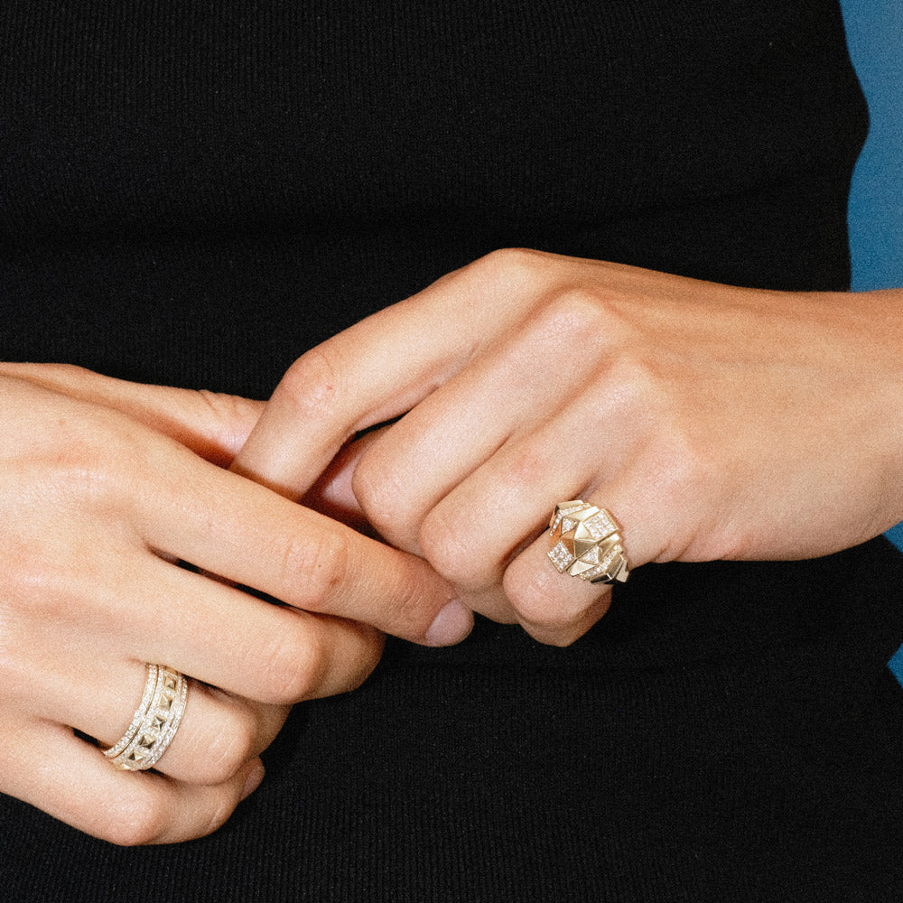 Rockaway Mini Pyramid Half Paved Ring - Yellow Gold & Diamonds