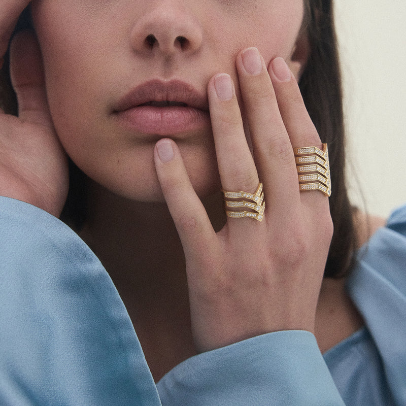 Stairway 3 Rows Ring - Yellow Gold & Diamonds - Image 2