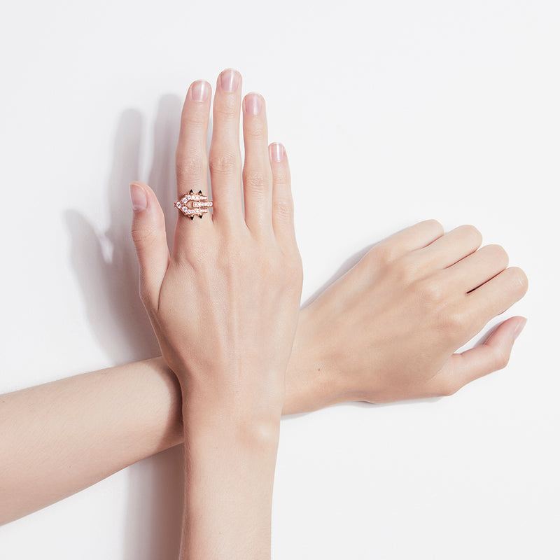 Bague Spike - Or Rose, Agates Noires & Diamants - Image 2